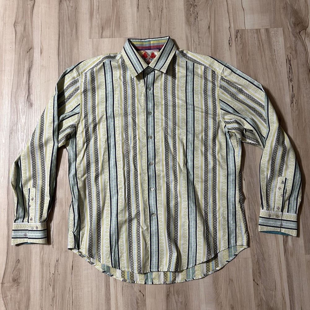 Robert Graham Men Blue Green White Striped Flip Cuff Cotton Dress Shirt 2XL